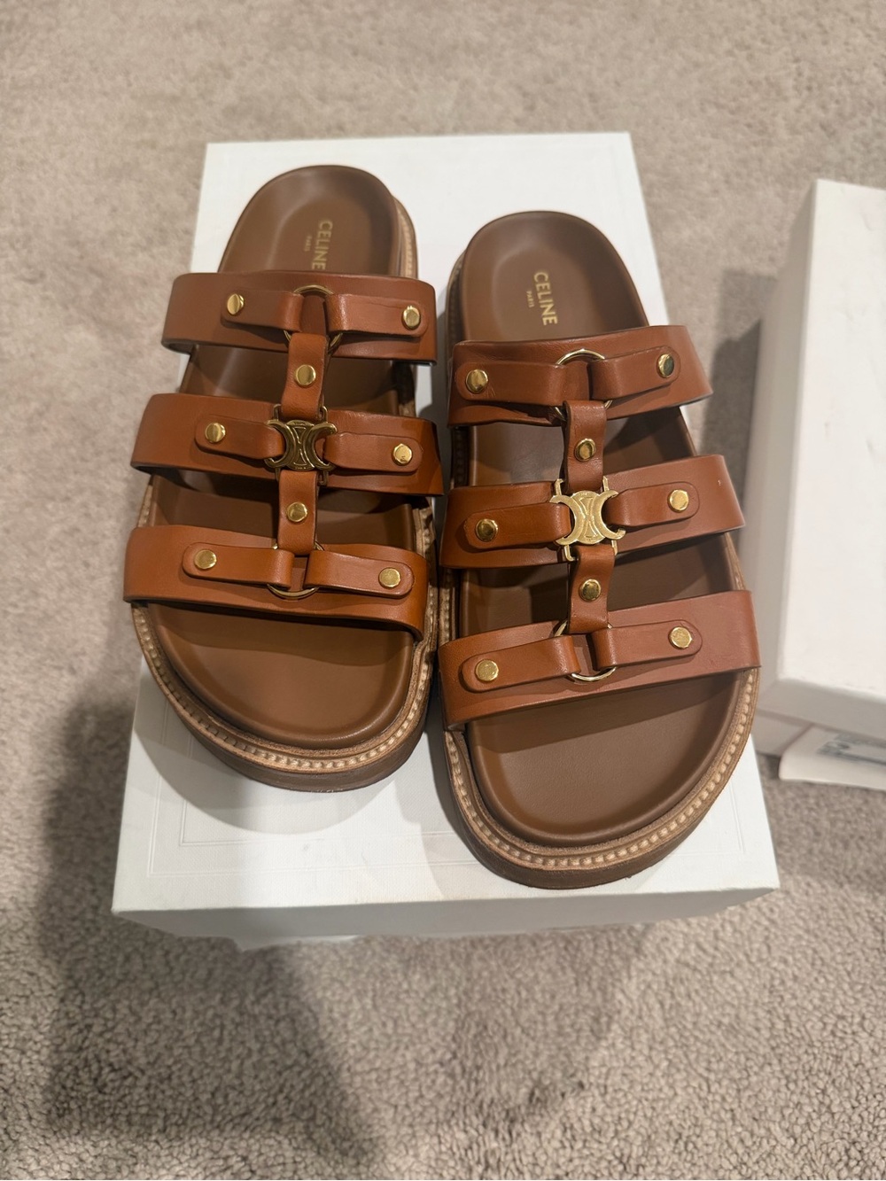 Celine Tan Triple-Strap Leather Sandals with Gold Hardware